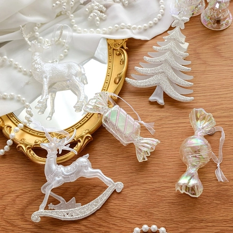 Acrylic Christmas Tree Hanging Ornaments Glitter Snowflake Bow Ballerina Swan Reindeer Star Iridescent Holiday Decor