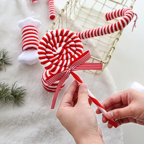 Plush Fabric Christmas Hanging Ornaments Red White Striped Candy Cane Lollipop Decor For Tree Home Party Props