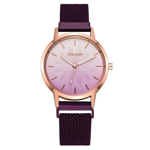 Women Fashion Quartz Watch With Gradient Flower Dial Magnetic Milanese Mesh Metal Strap Rose Gold Case Wrist Watch