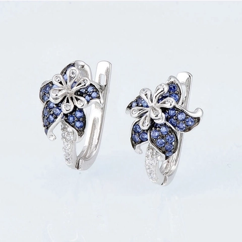 Pendientes de Cierre Catalán de Flor Elegante Francesa de Cobre con Circonia Azul Blanca Pendientes Florales Mandala Joyería de Mujer