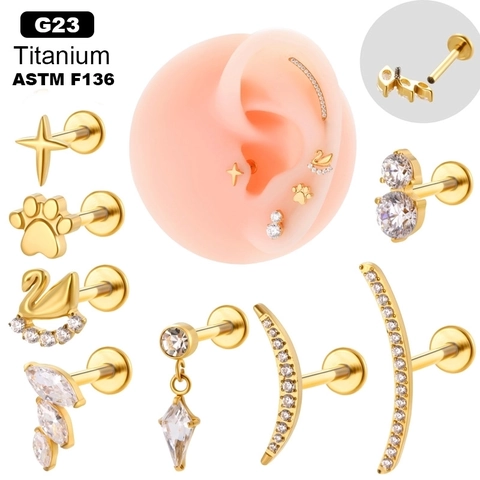 G23 Titanium Cartilage Stud Earrings With Zircon Internal Thread Flat Back Labret Piercing Jewelry For Women