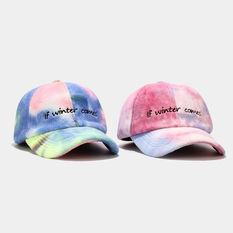 Tie Dye Pluche Honkbalpet Voor Heren Dames Winter Warm Fleece Verstelbaar Letter Borduurwerk Streetwear Outdoor Hoed