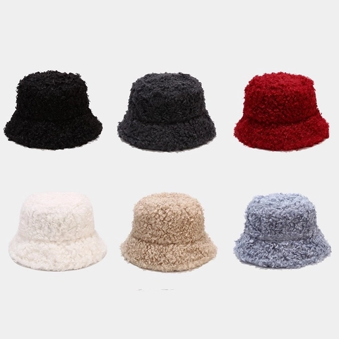 Sombrero de Pescador Cálido de Invierno para Mujer Terciopelo Teddy Color Sólido Lana de Cordero a Prueba de Viento