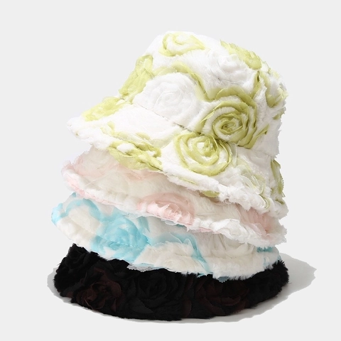 Bob en Peluche avec Rose 3D pour Femmes Épais Chaud Hiver Chapeau en Fausse Fourrure Pliable Coupe-vent Chapeau de Soleil