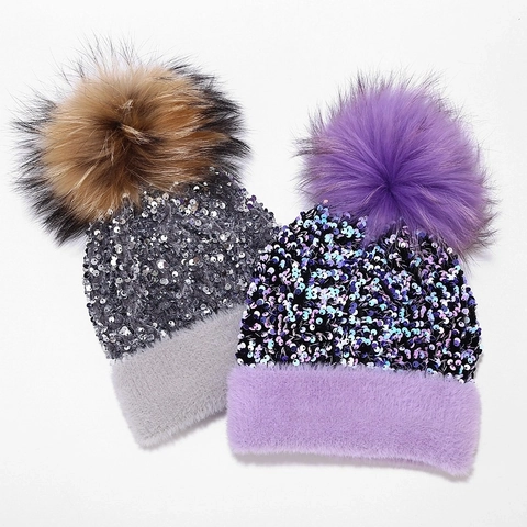 Frauen Winter Pailletten Strickmütze Mit Großem Pelzbommel Dicke Warme Outdoor Mode Beanie Mütze Für Damen Winddicht