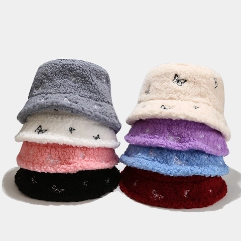 Damen Winter Warm Künstliche Lammwolle Fischerhut Süße Schmetterling Stickerei Plüsch Teddy-Fleece Basin Hut Faltbare Outdoor Sonnenkappe