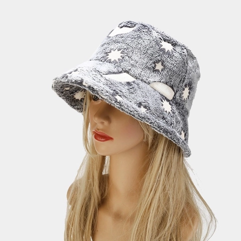 Bucket Hat Plüsch Kunstpelz Stern Mond Druck Verdickte Warme Winter Hip Hop Becher Kappe Für Damen Und Herren Verstellbar