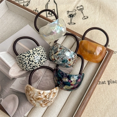 Acetate Semicircle Hair Ties High Elastic Retro Marble Pattern Rubber Band Elegant Ponytail Holder For Women