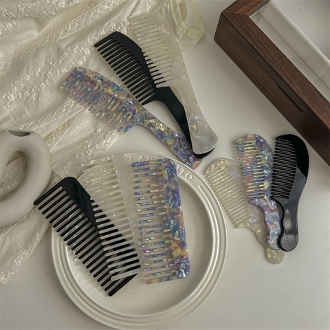 Brede Tand Kam Acetaat Retro Marmer Textuur Ontwarren Hoofdhuid Massage Tool Voor Krullend Haar Vrouwen Groot
