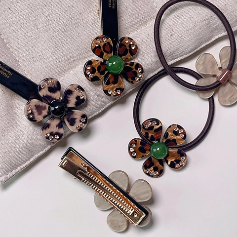 Pinzas Para El Cabello Y Coleteros De Flores De Leopardo Con Pedrería De Acetato De Celulosa Estilo Coreano Para Mujeres Niñas