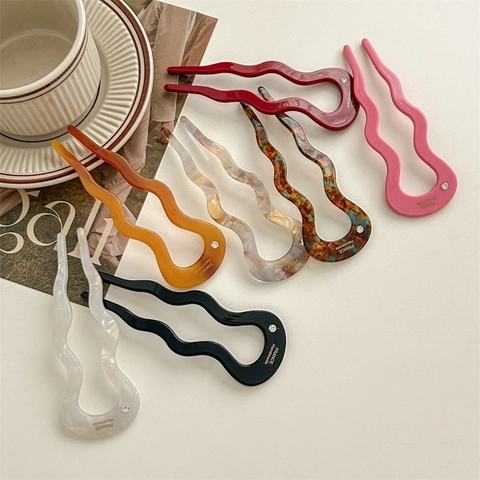 U-Vormige Haarspeld Acetaat Golvende Haarkvork Met Steentjes Retro Elegante Haarstyling Accessoires Voor Dames