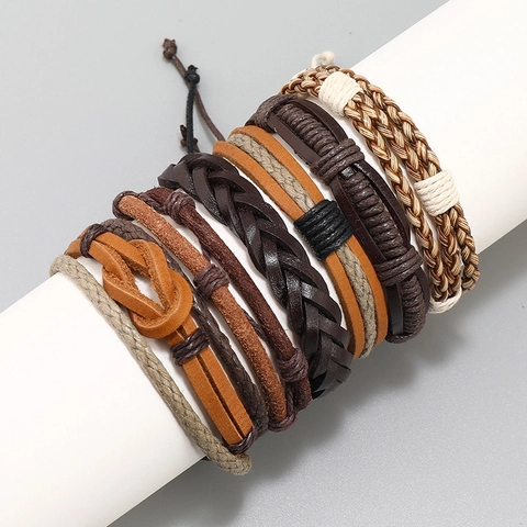 Bracelet Tressé Vintage Cuir De Vachette PU Corde De Chanvre Fil De Cire Réglable Multi Couches Bijoux Punk Pour Hommes
