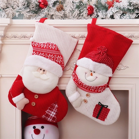 Gestrickter Weihnachtsstrumpf Mit 3D Weihnachtsmann Schneemann Applikation Kunstpelz Holzknöpfe Kamin Dekoration Geschenkbeutel