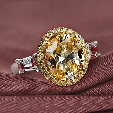 Oval Yellow Zircon Copper Ring Women Luxury Halo Baguette Side Stone Two Tone Cocktail Wedding Party Jewelry