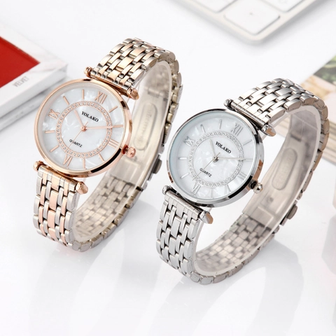 Orologio Al Quarzo Elegante Da Donna Cinturino In Metallo Quadrante In Madreperla Lunetta Con Strass Numeri Romani
