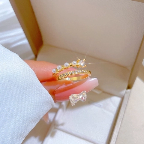 Double Layer Open Adjustable Ring With Zircons And Imitation Artificial Pearls Gold Plated Copper Fashion Jewelry For Women