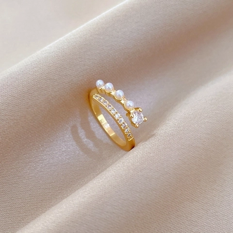 Double Layer Open Adjustable Ring With Zircons And Imitation Artificial Pearls Gold Plated Copper Fashion Jewelry For Women