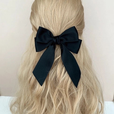 Elegant Large Satin Ribbon Hair Bow Clip With Long Streamers Solid Color French Vintage Hairpin Accessory For Women