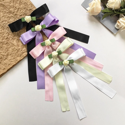 Pinza para el Cabello con Lazo de Cinta de Satén Vintage Francés con Decoración de Rosa de Tela Cinta Larga Horquilla Mujer