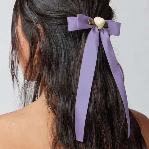 Pinza para el Cabello con Lazo de Cinta de Satén Vintage Francés con Decoración de Rosa de Tela Cinta Larga Horquilla Mujer