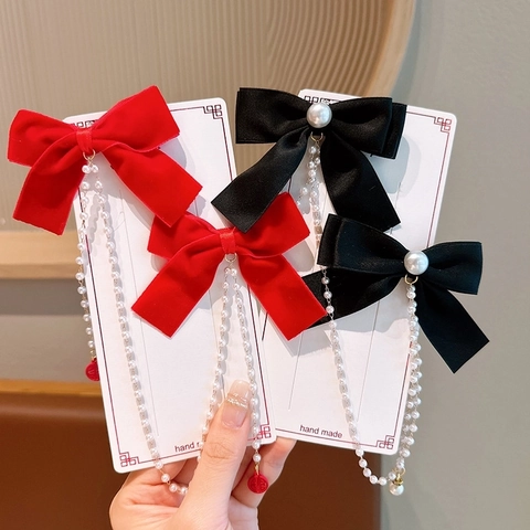 Pinza para el Pelo con Lazo de Estilo Chino Vintage para Niñas Con Borla de Perla Artificial Hecha a Mano Accesorios para el Cabello Rojos Rosas Negros Regalo de Princesa