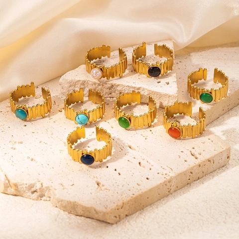 Vintage Roestvrij Staal Open Verstelbare Ring Voor Dames 18K Verguld Ronde Ingelegde Natuursteen Gestreepte Textuur Ring