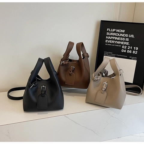 Women Bucket Bag Lychee Pattern PU Leather And Pouch Minimalist Retro Crossbody Handbag For Daily Work