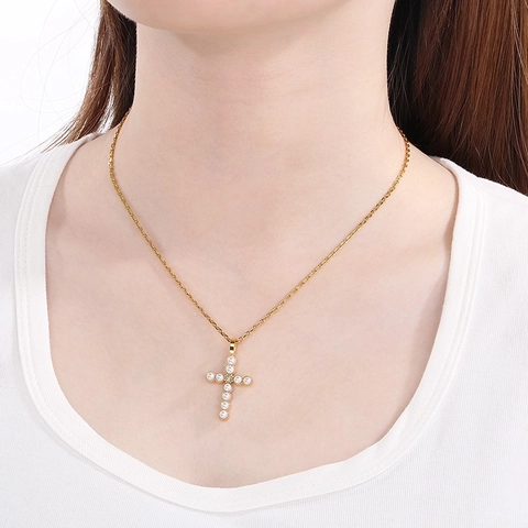 Roestvrijstalen Kruis Hanger Halsketting Voor Vrouwen Kunstmatige Parel Strass Ingelegde Mode-Sieraden Goud Zilver Hip Hop Ketting Accessoire