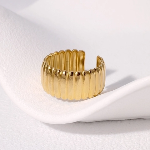 Minimalist Vertical Ribbed Adjustable Ring Stainless Steel Wide Band Stripe Punk Design For Women