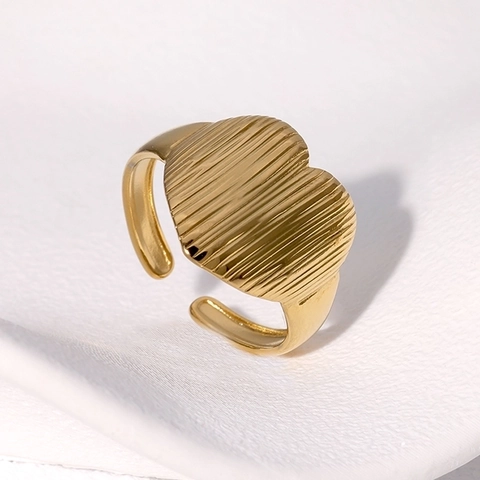 Anello Cuore Acciaio Inossidabile Texture Rigata Verticale Design Aperto Regolabile Gioielli Chic Minimalista Donna