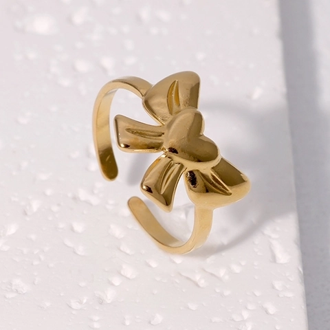 Anillo Abierto Ajustable Con Corazón Y Lazo De Acero Inoxidable Chapado En Oro Joyería Minimalista Mujer