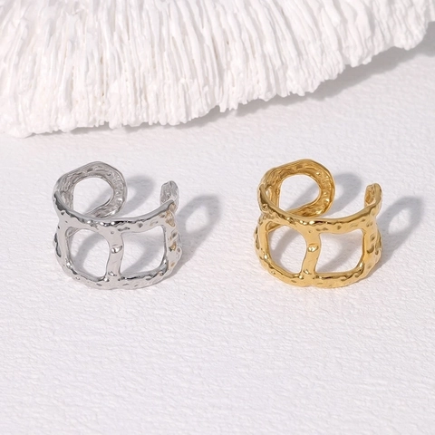 Retro Stainless Steel Hammered Open Ring For Women Adjustable Asymmetric Geometric Hollow Finger Ring Fashion Jewelry