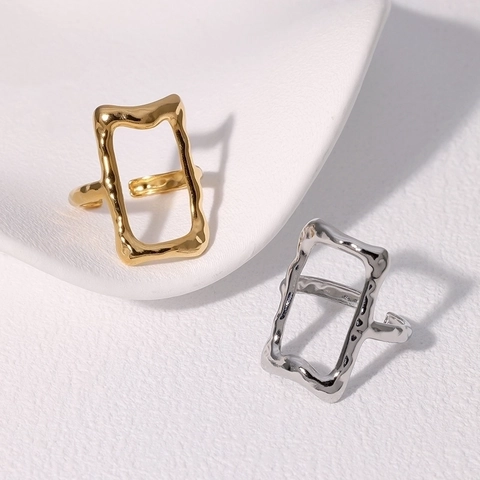 Anillo Rectangular Hueco Geométrico Acero Inoxidable Textura Fundida Irregular Ajustable Abierto Para Mujeres