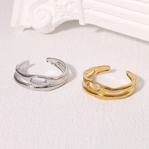 Minimalist Stainless Steel Double Layer Hollow Wave Open Ring For Women Adjustable Geometric Gold Plated Fashion Finger Ring