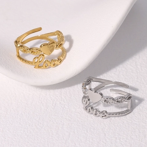 Love Heart Open Adjustable Ring Stainless Steel 18K Gold Plated Double Layer Cute Fashion Jewelry For Women