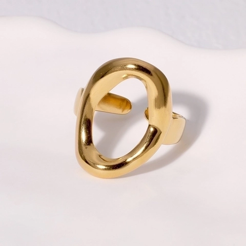 Geometric Hollow Oval Ring Stainless Steel 18K Gold Plated Adjustable Opening Minimalist Fashion Jewelry For Women