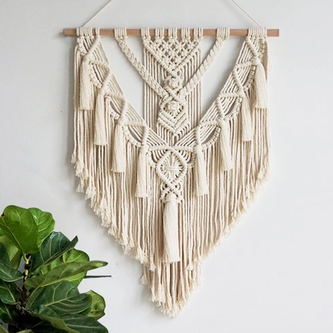 Arazzo Da Parete In Macramè Fatto A Mano Corda Di Cotone Con Palo In Legno Frange Bohemien Nappa Decorazione Casa Nordica Arte Geometrica