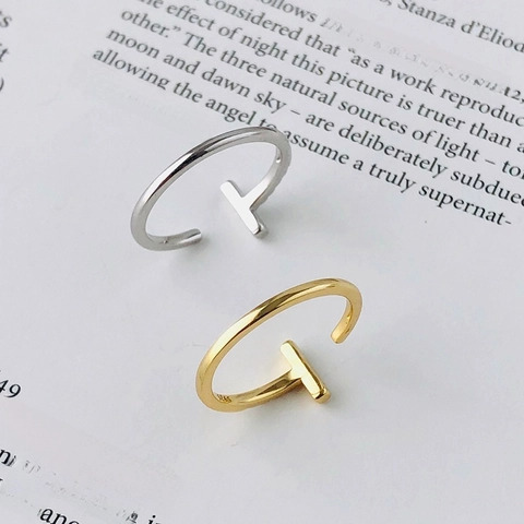 925 Sterling Silver T-Shaped Open Ring Minimalist Geometric Adjustable Rhinestone Finger Ring For Women Jewelry Gift
