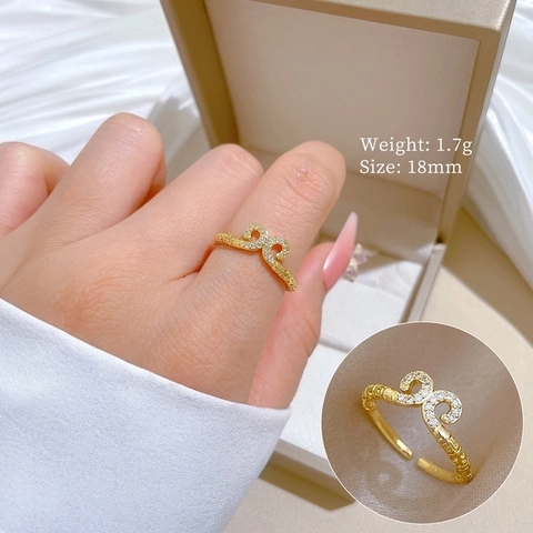 Brass Gold Plated Adjustable Ring With Zircon Infinity Cloud Relief Retro Finger Jewelry