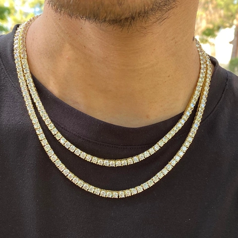 Collana Tennis Uomo Zirconia Cubica Rotonda Fila Singola Lega Placcata Oro Argento Gioielli Hip Hop