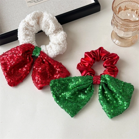 Christmas Hair Scrunchies Velvet Sequin Elastic Hair Ties Gingham Bow Metal Bells Berries Holiday Party Festive Accessories