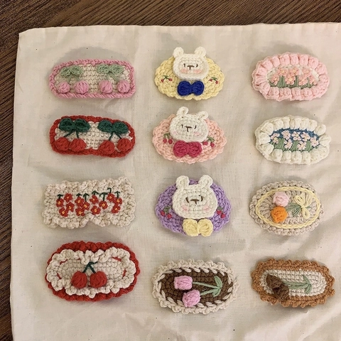 Barrettes À Cheveux En Laine Crochetées À La Hand Dessin Animé Mignon Cerise Tulipe Lapin Brodé Épingles BB Pour Filles