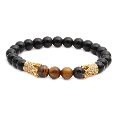 Bracciale Di Perline Corona Pietra Occhio Di Tigre Naturale Rame Micro Pavè Zirconia Gioielli Moda Unisex