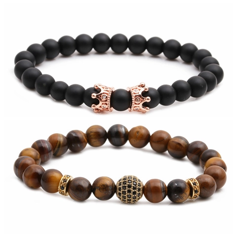 Pulseras De Cuentas Ojo De Tigre Piedra Natural Ágata Mate Corona De Cobre Micro Pavé Zirconia Cúbica Joyería Retro