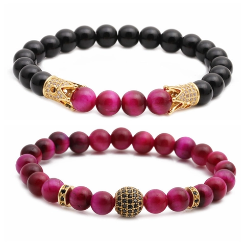 Tijgeroog En Matsteen Kralen Armbanden Met Koperen Zirconia Kroon Charm Trendy Sieraden Unisex