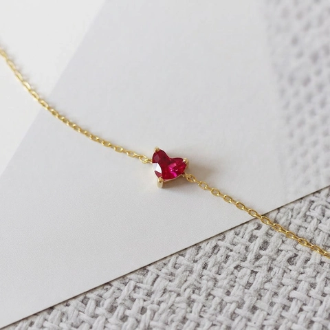 Minimalist Heart Bracelet S925 Sterling Silver Gold Plated Red Gemstone Sweet Jewelry For Women Adjustable Elegant Gift