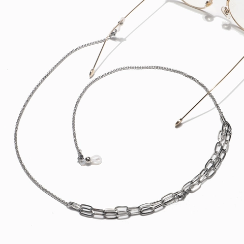 Stainless Steel Eyeglass Chain Non Slip Glasses Strap Holder With Silicone Loops Silver Geometric Link For Women Men