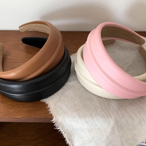 PU Leather Padded Headband For Women Elegant Wide Side Solid Color Stitching Hair Accessories