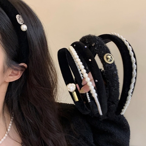 Elegant Black Velvet Camellia Flower Headband With Faux Artificial Pearls And Rhinestones Vintage Tweed Hair Band For Women Girls