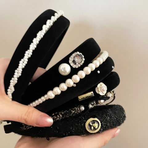Elegant Black Velvet Camellia Flower Headband With Faux Artificial Pearls And Rhinestones Vintage Tweed Hair Band For Women Girls